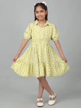 Girls Yellow Half Sleeves Floral Print Dress