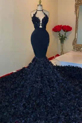 Glamorous Black V-neck Halter Appliques Sleeveless Floor-length Mermaid Prom Dresses