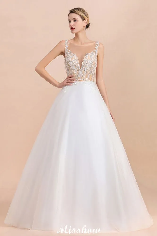 Gorgeous Illusion Neck Button Sleeveless White Ball Gown Wedding Dress