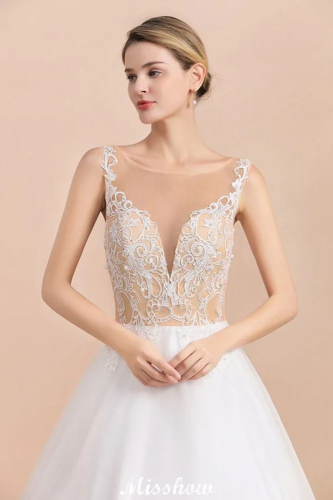 Gorgeous Illusion Neck Button Sleeveless White Ball Gown Wedding Dress