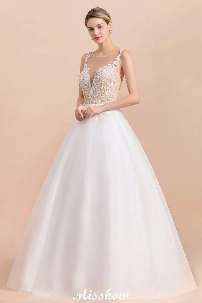 Gorgeous Illusion Neck Button Sleeveless White Ball Gown Wedding Dress