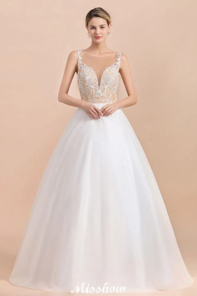 Gorgeous Illusion Neck Button Sleeveless White Ball Gown Wedding Dress