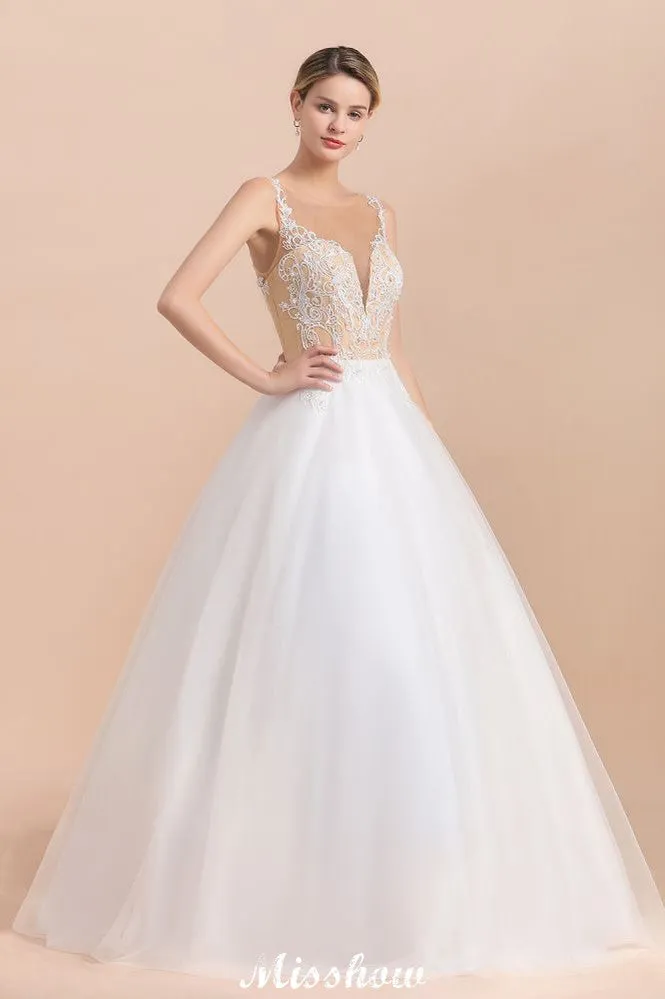 Gorgeous Illusion Neck Button Sleeveless White Ball Gown Wedding Dress