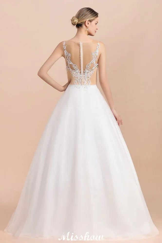 Gorgeous Illusion Neck Button Sleeveless White Ball Gown Wedding Dress