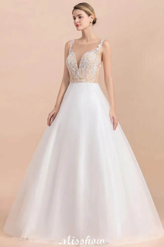 Gorgeous Illusion Neck Button Sleeveless White Ball Gown Wedding Dress