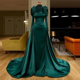 green prom dress, high neck prom dress, long sleeve prom dress, satin evening dresses, detachable skirt evening dreses, pearls prom dresses, long sleeve evenng dresses