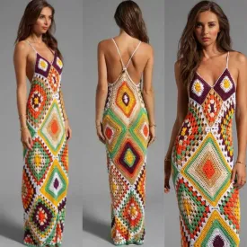 Halter Neck Handmade Colorful Geometrical Pattern Maxi Crochet Dress