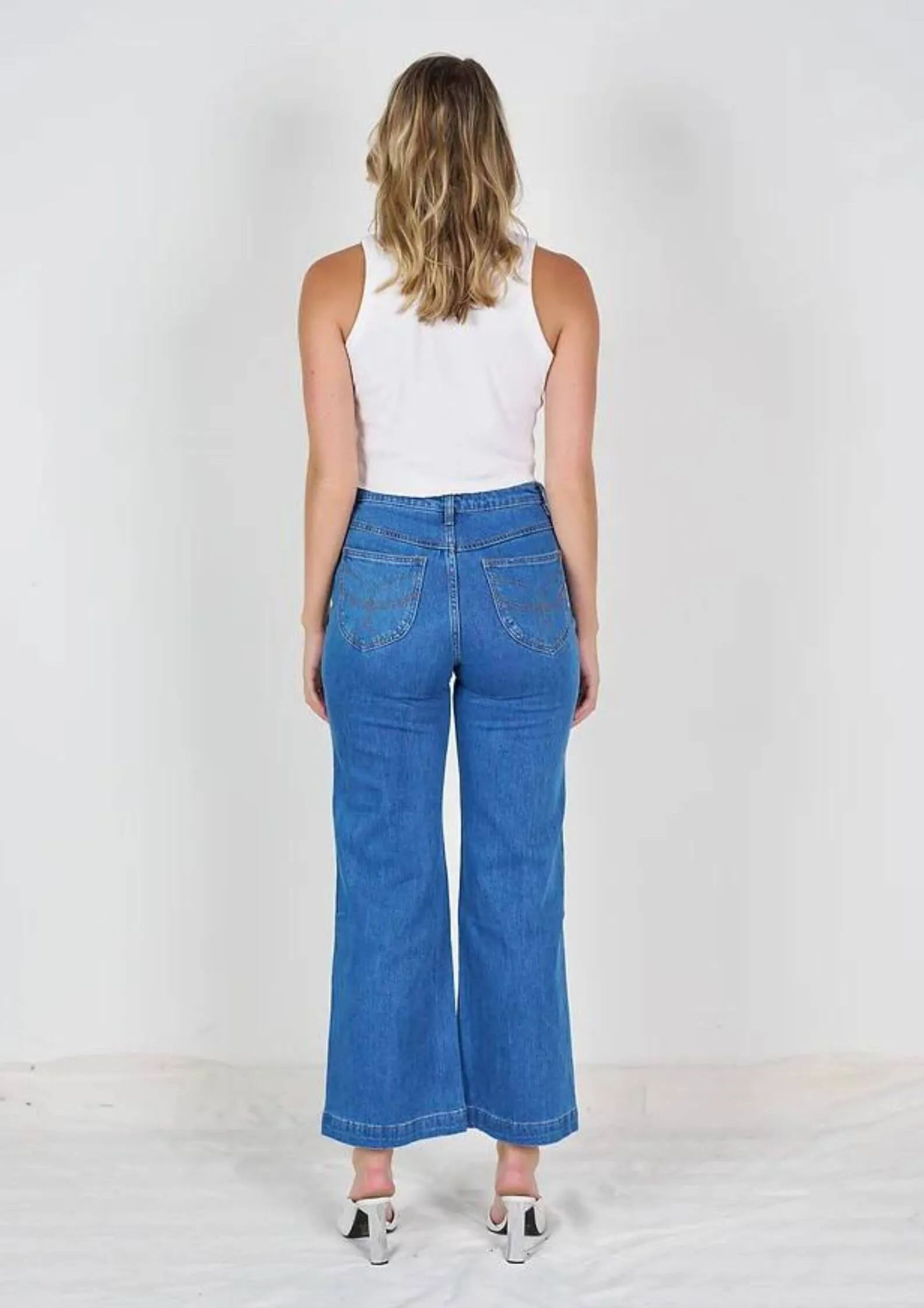 High Waist Wide Leg Stretch Jeans with Front Pockets by Wakee