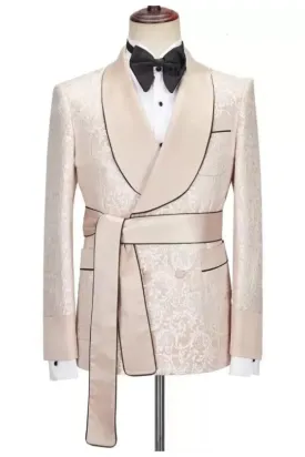 Les Custom Champagne Shawl Lapel Jacquard Wedding Suit