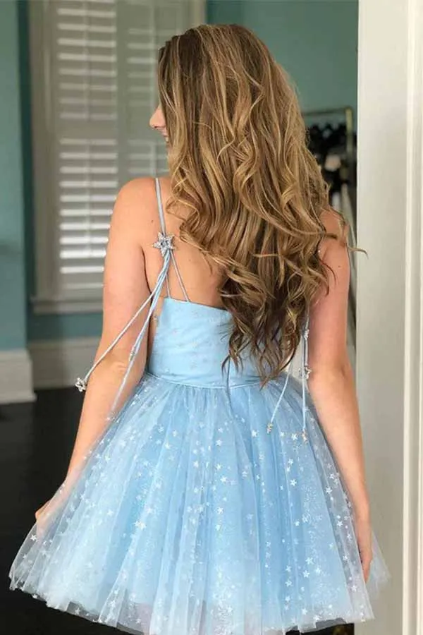 Light Blue Tulle A-line Scoop Stars Homecoming Dress, Short Party Dresses, SH571