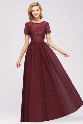 Long A-line Chiffon Lace Jewel Bridesmaid Dress with Sleeves