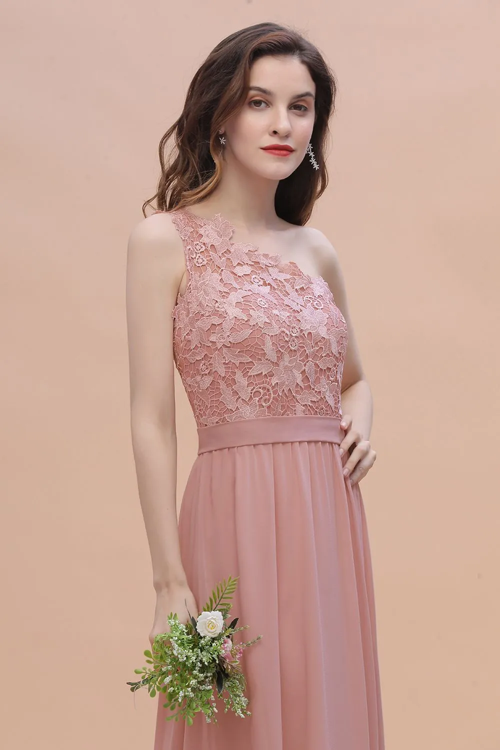 Long A-Line Chiffon One Shoulder Bridesmaid Dress With Appliques Lace