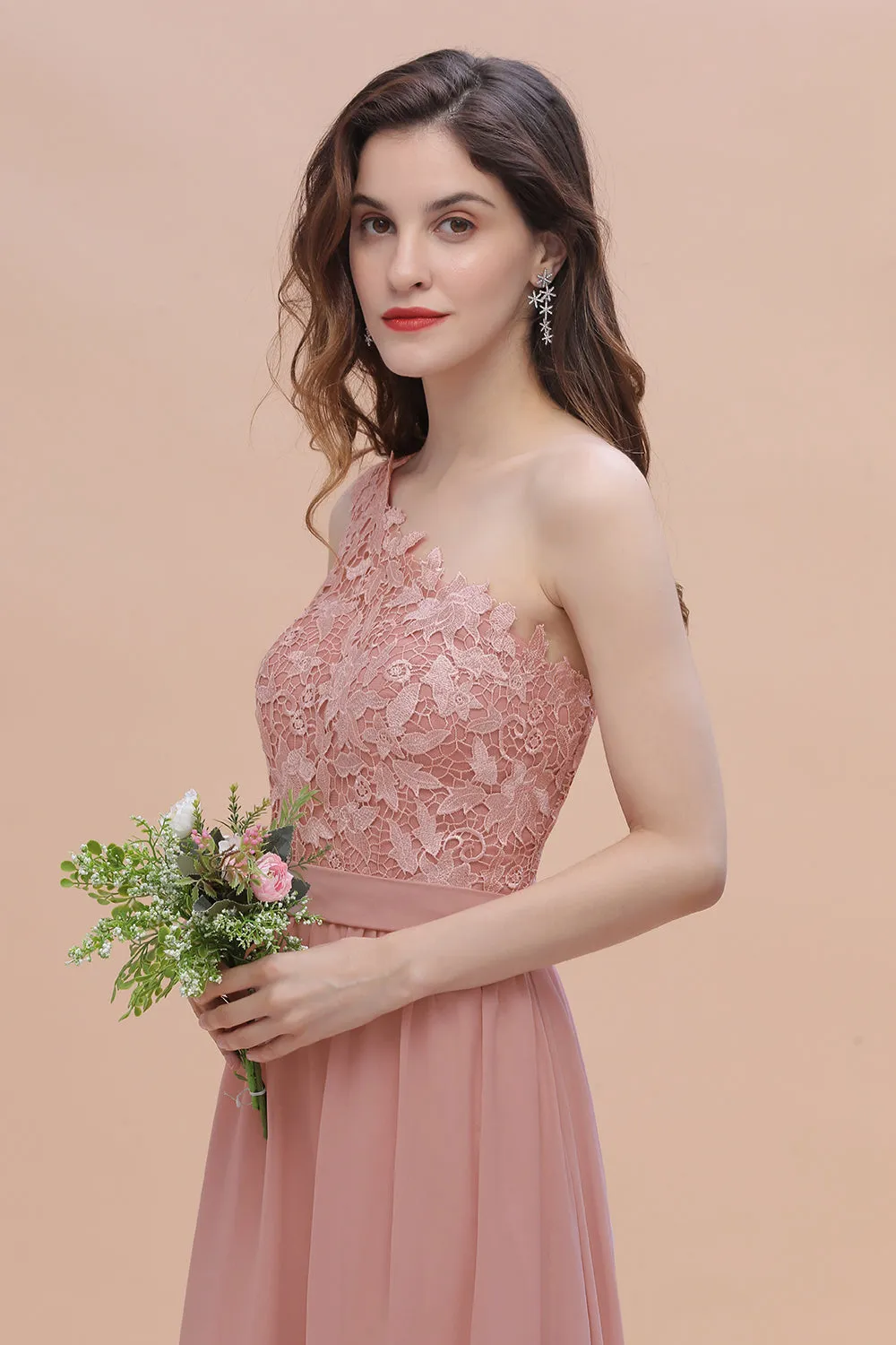 Long A-Line Chiffon One Shoulder Bridesmaid Dress With Appliques Lace