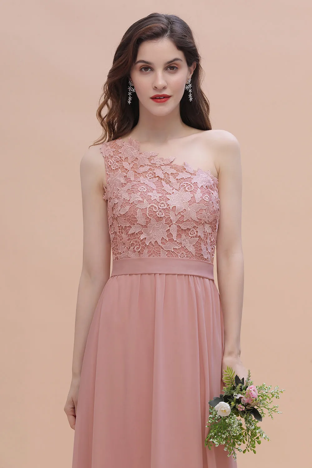 Long A-Line Chiffon One Shoulder Bridesmaid Dress With Appliques Lace