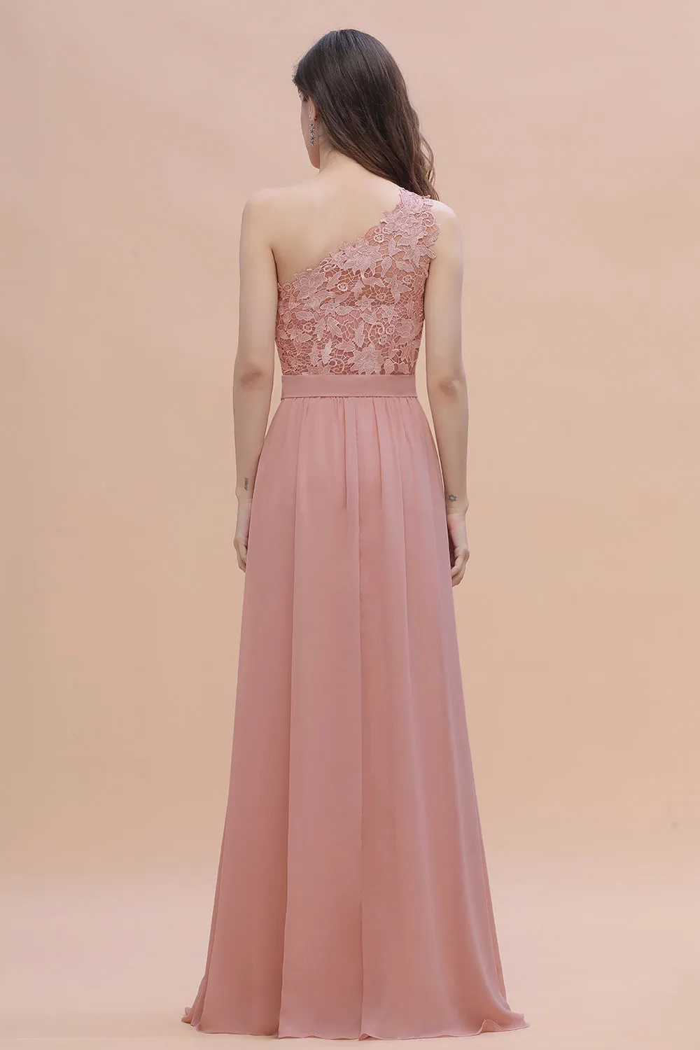 Long A-Line Chiffon One Shoulder Bridesmaid Dress With Appliques Lace