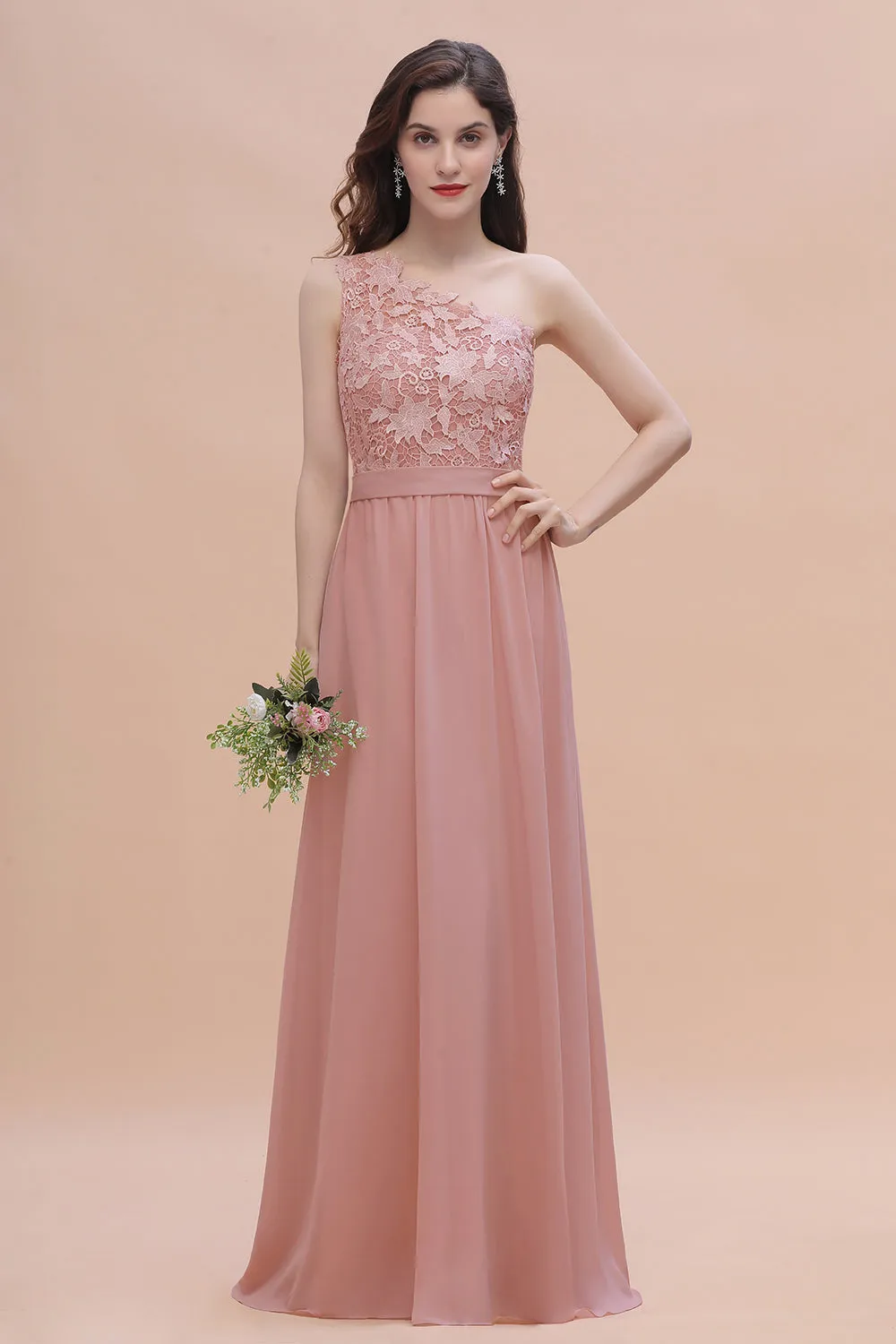 Long A-Line Chiffon One Shoulder Bridesmaid Dress With Appliques Lace