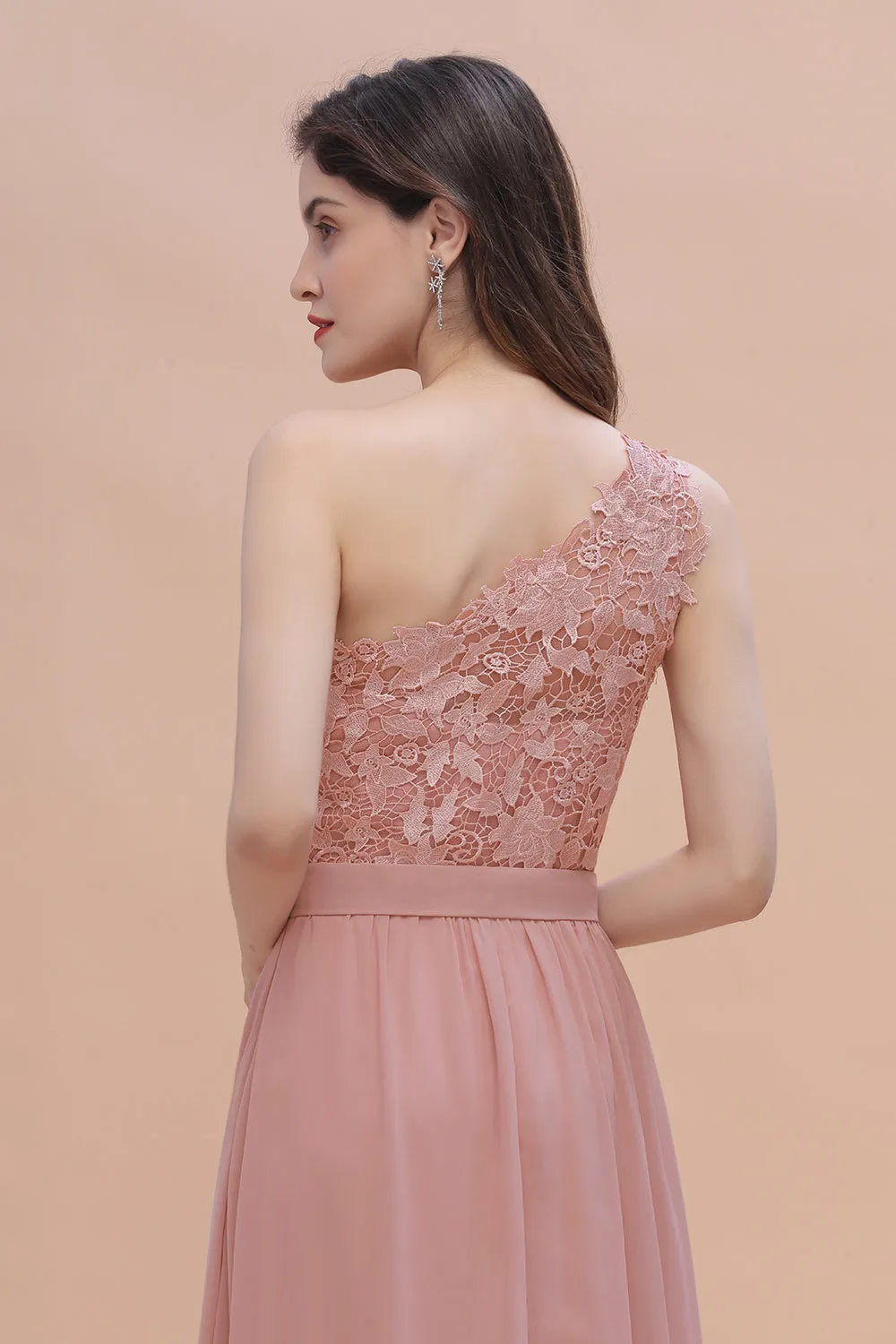 Long A-Line Chiffon One Shoulder Bridesmaid Dress With Appliques Lace