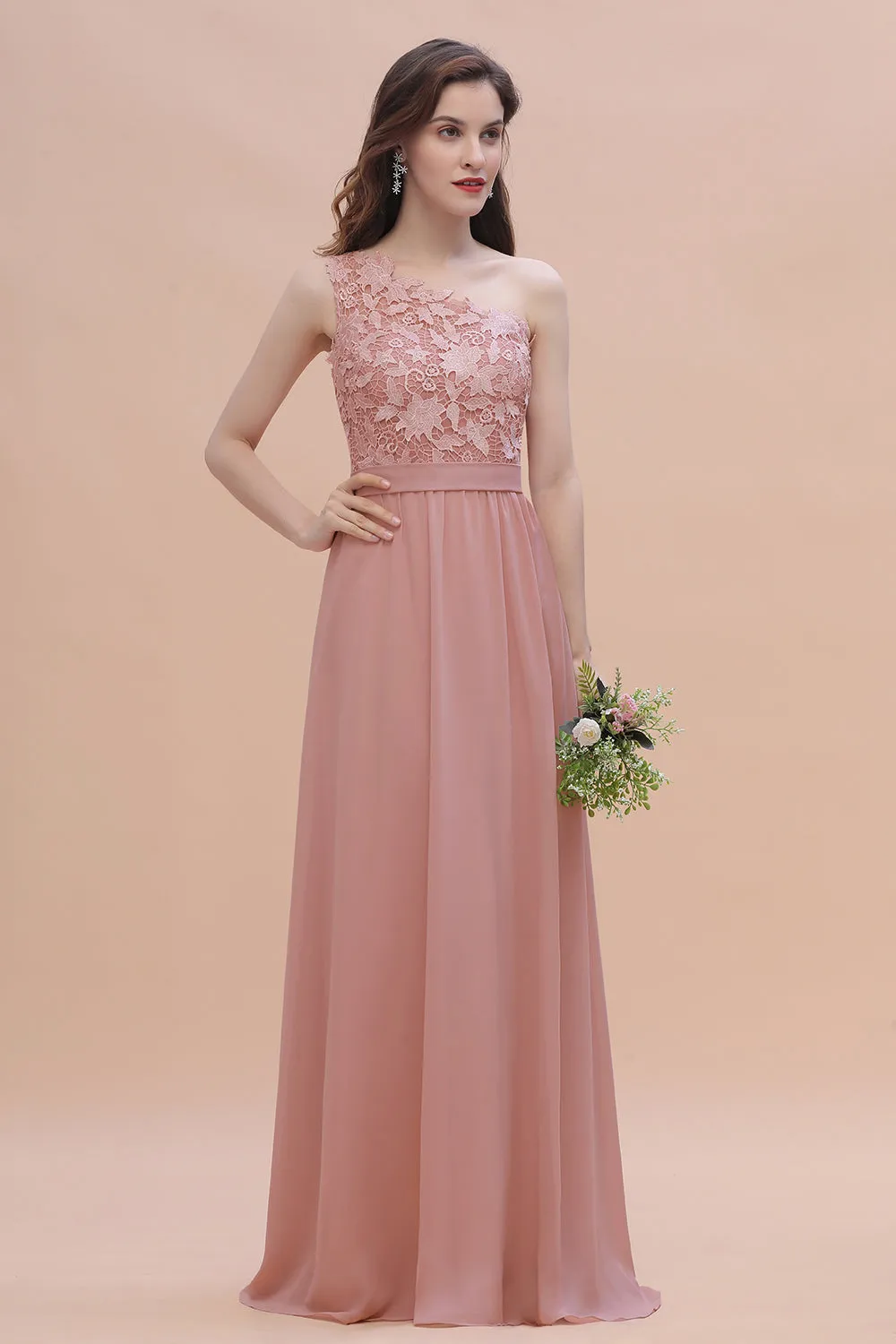 Long A-Line Chiffon One Shoulder Bridesmaid Dress With Appliques Lace