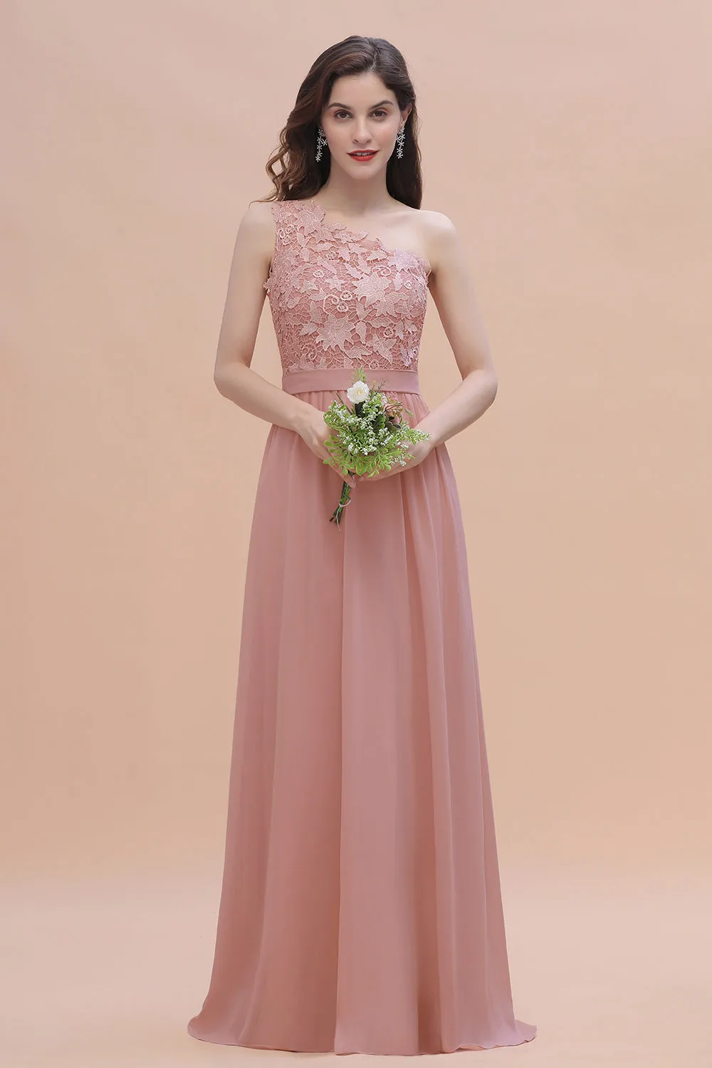 Long A-Line Chiffon One Shoulder Bridesmaid Dress With Appliques Lace