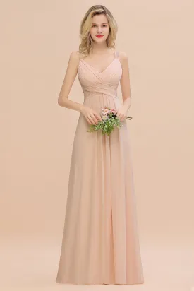 Long A-Line V-neck Spaghetti Straps Chiffon Bridesmaid Dresses