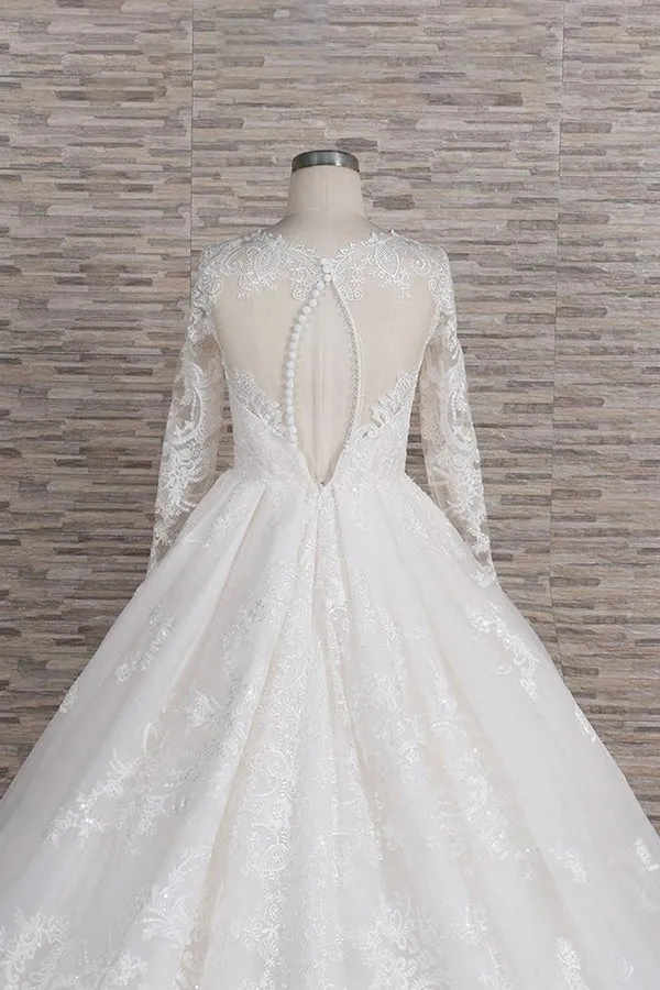 Long A-line V-neck Tulle Appliques Lace Wedding Dress with Sleeves