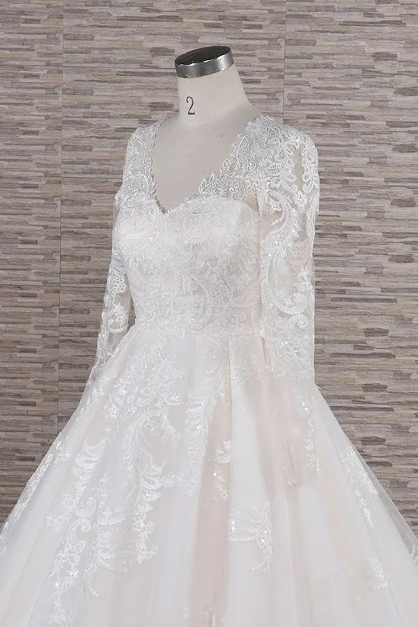 Long A-line V-neck Tulle Appliques Lace Wedding Dress with Sleeves