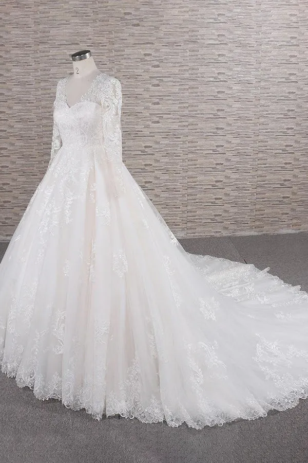 Long A-line V-neck Tulle Appliques Lace Wedding Dress with Sleeves