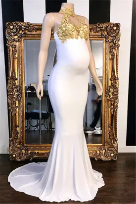 Long Mermaid High Neck Appliques White Pregnant Formal Dresses