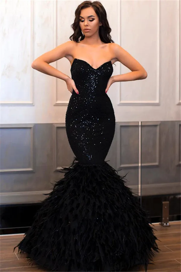 Long Mermaid Strapless Black Sequined Prom Dress