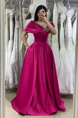 Long Off-the-shoulder Satin A-line Prom Dress with Pockets