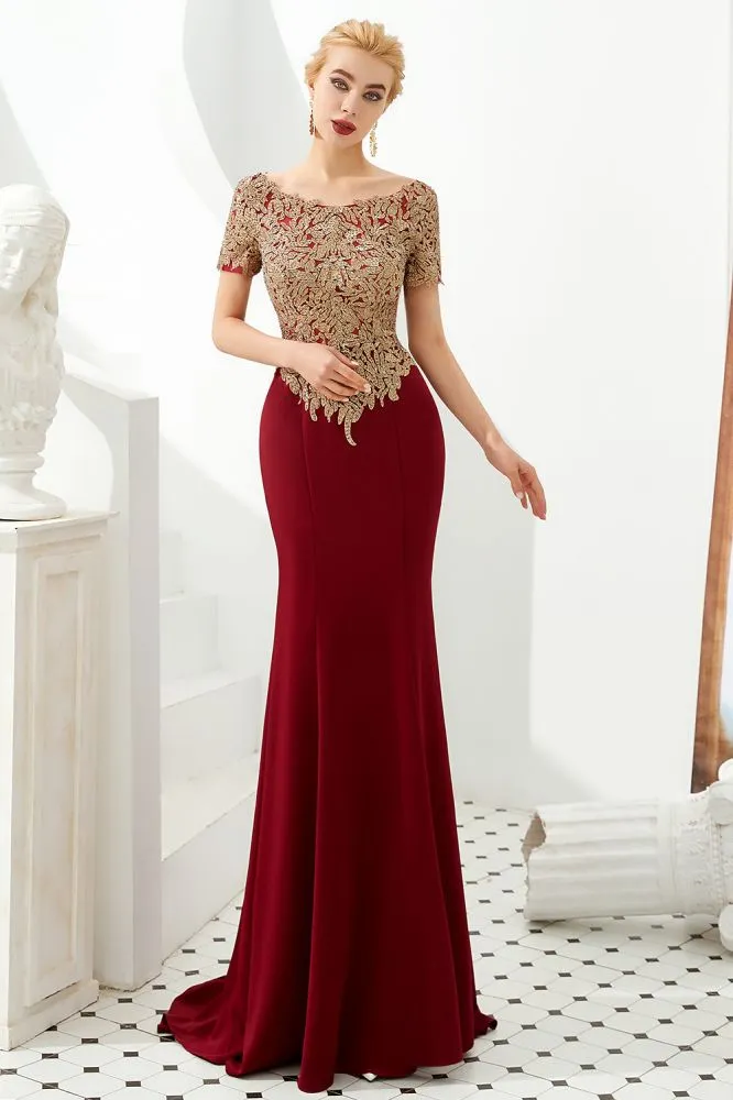 Luxury Short Sleeves Gold Appliques Slim Mermaid Evening Party Dress Floor Length Formal Dress