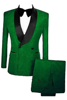 Mann Modern Green Double Breasted Jacquard Groom's Suit With Velvet Lapel