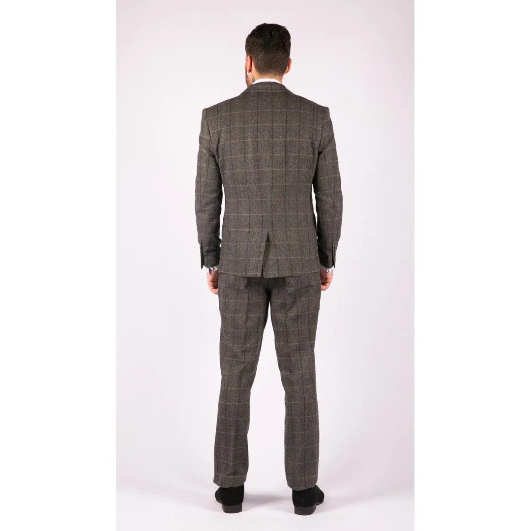 Mens 3 Piece Classic Tweed Herringbone Check Grey Navy Slim Fit Vintage Suit