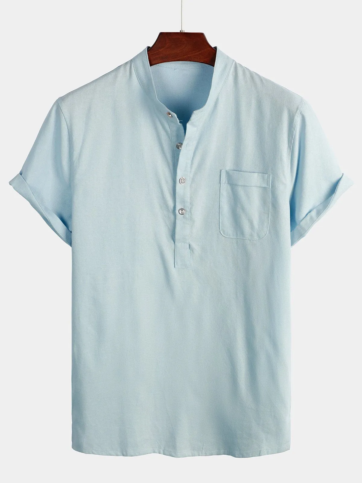 Men's Linen And Cotton Stand Collar Solid Color Shirt