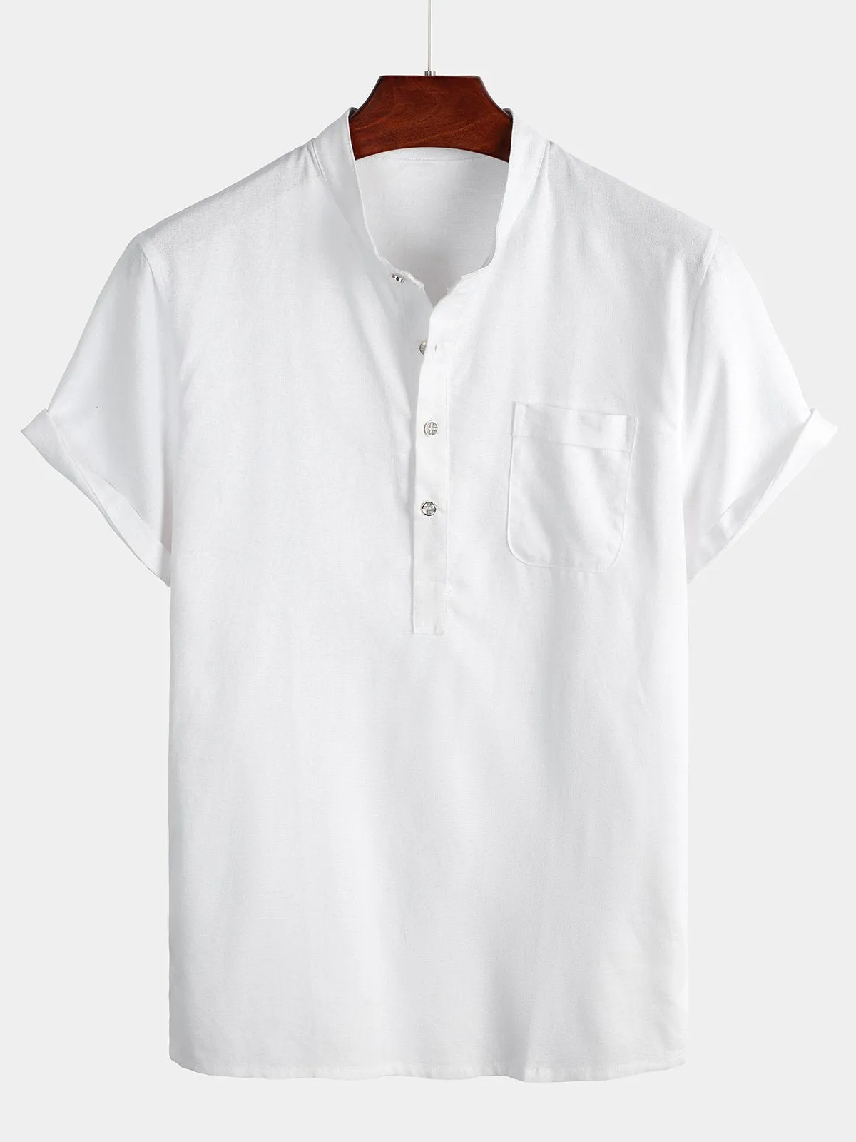 Men's Linen And Cotton Stand Collar Solid Color Shirt