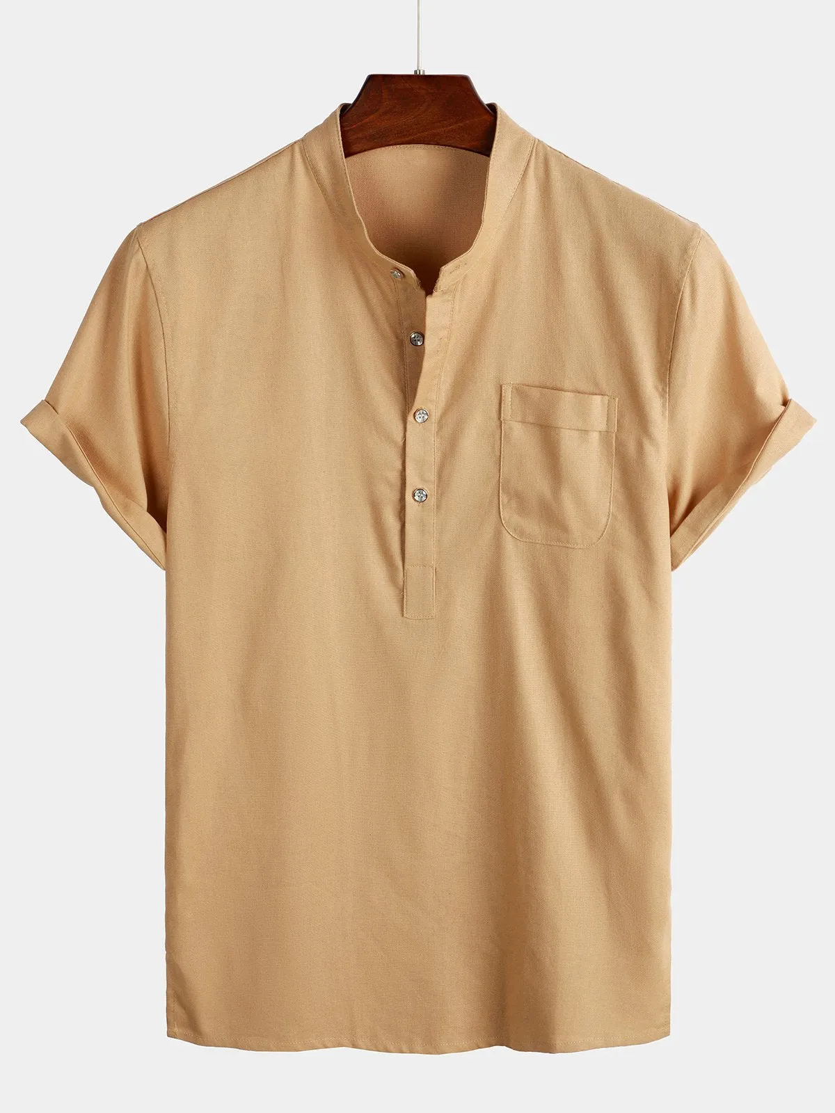 Men's Linen And Cotton Stand Collar Solid Color Shirt