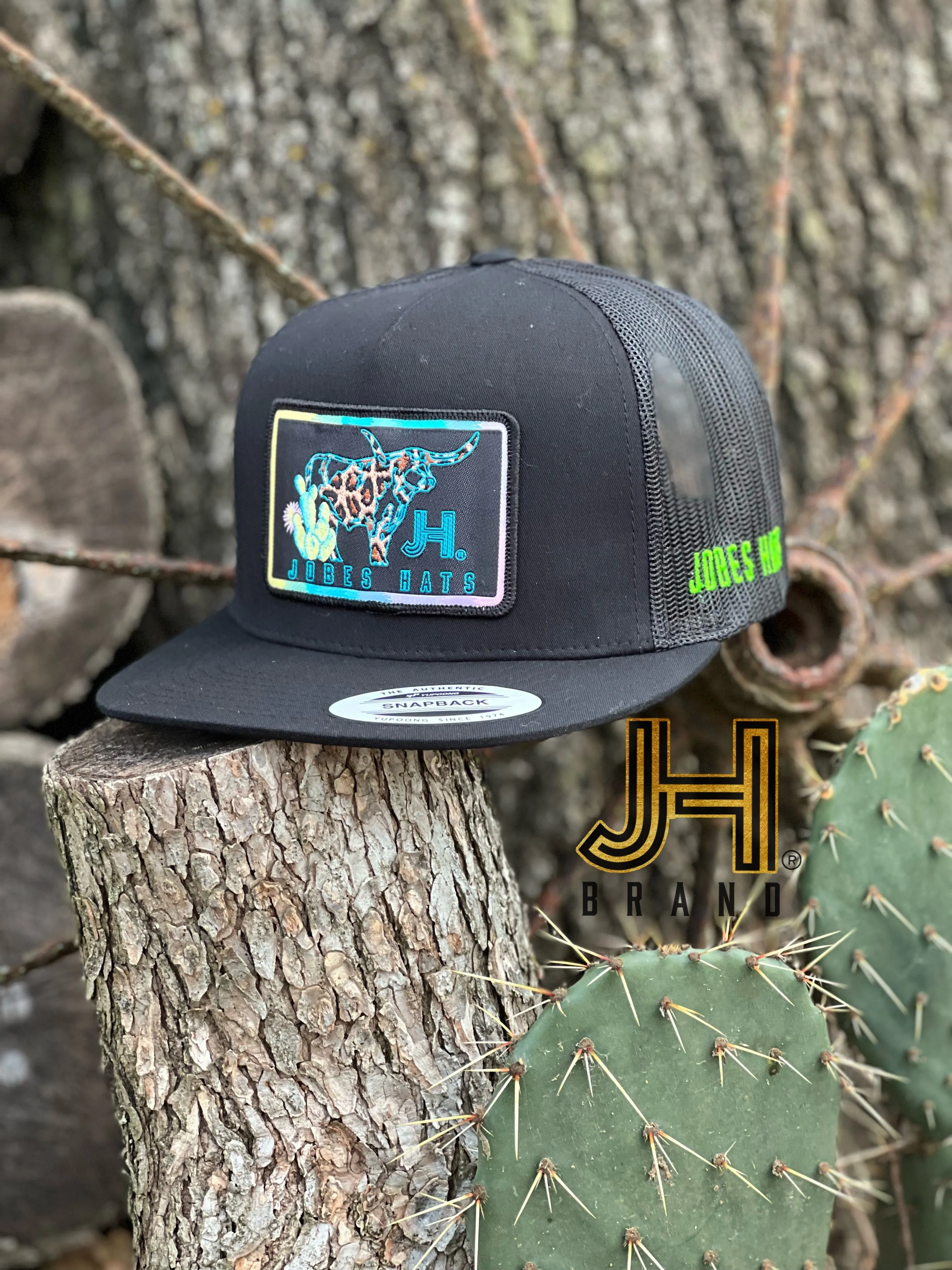 New 2022 Jobes Hats Trucker cap -All Black Neon Longhorn patch