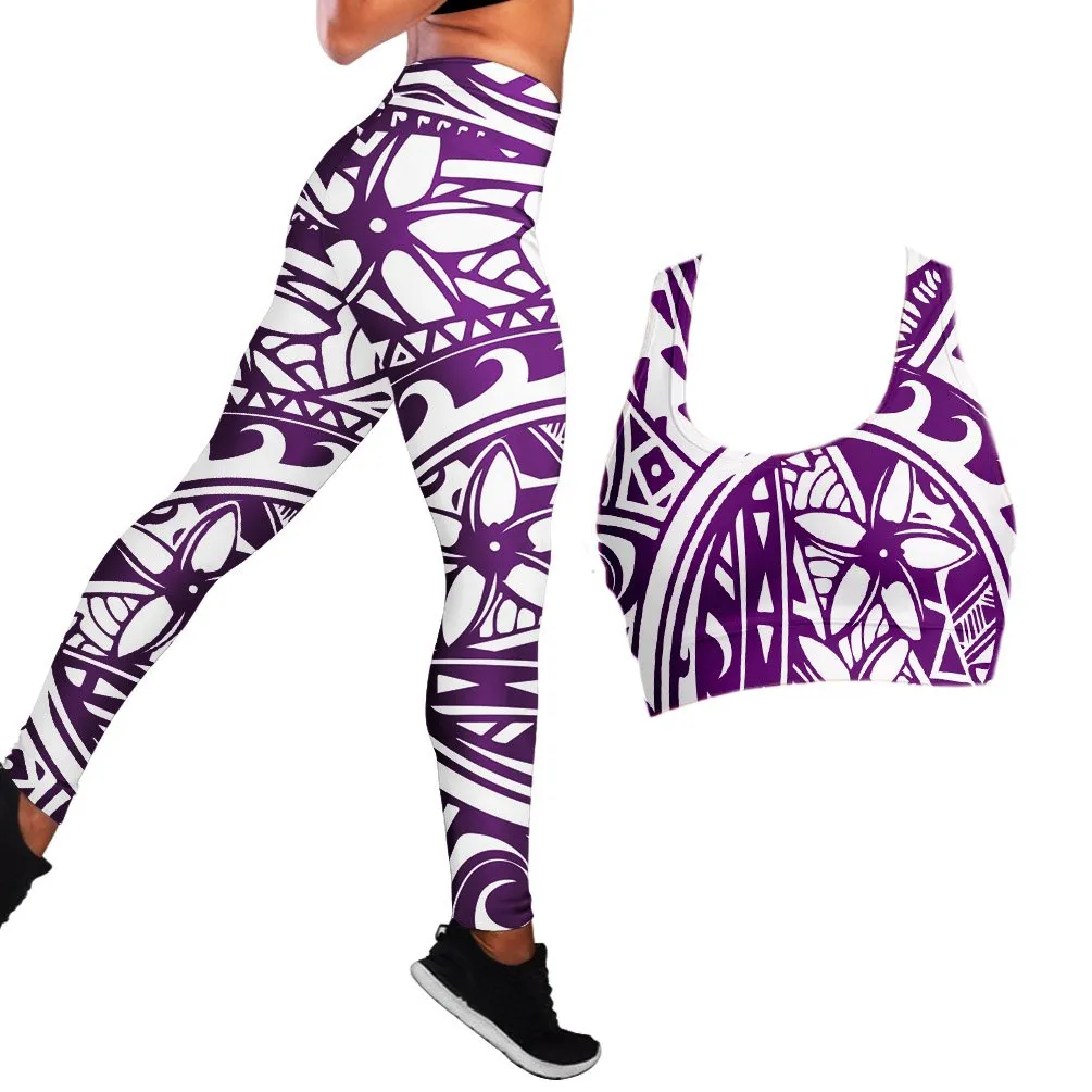 Polynesian Hibiscus Seamless Yoga Set Sports Bras Leggings 2 Piece Set Women Workout Clothes Workout Set for Gym Jogging Fitness