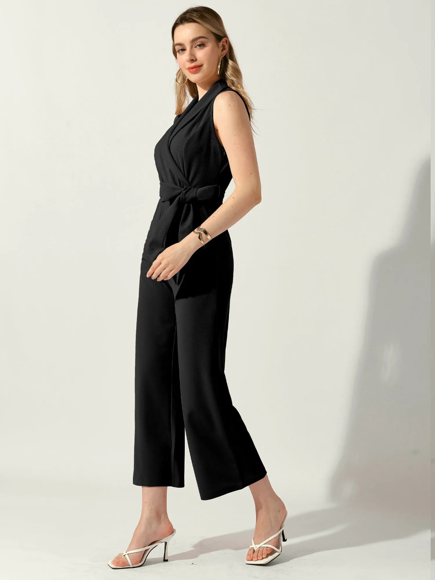 Shawl Collar Sleeveless Belted Wide Leg Office Work Jumpsuit