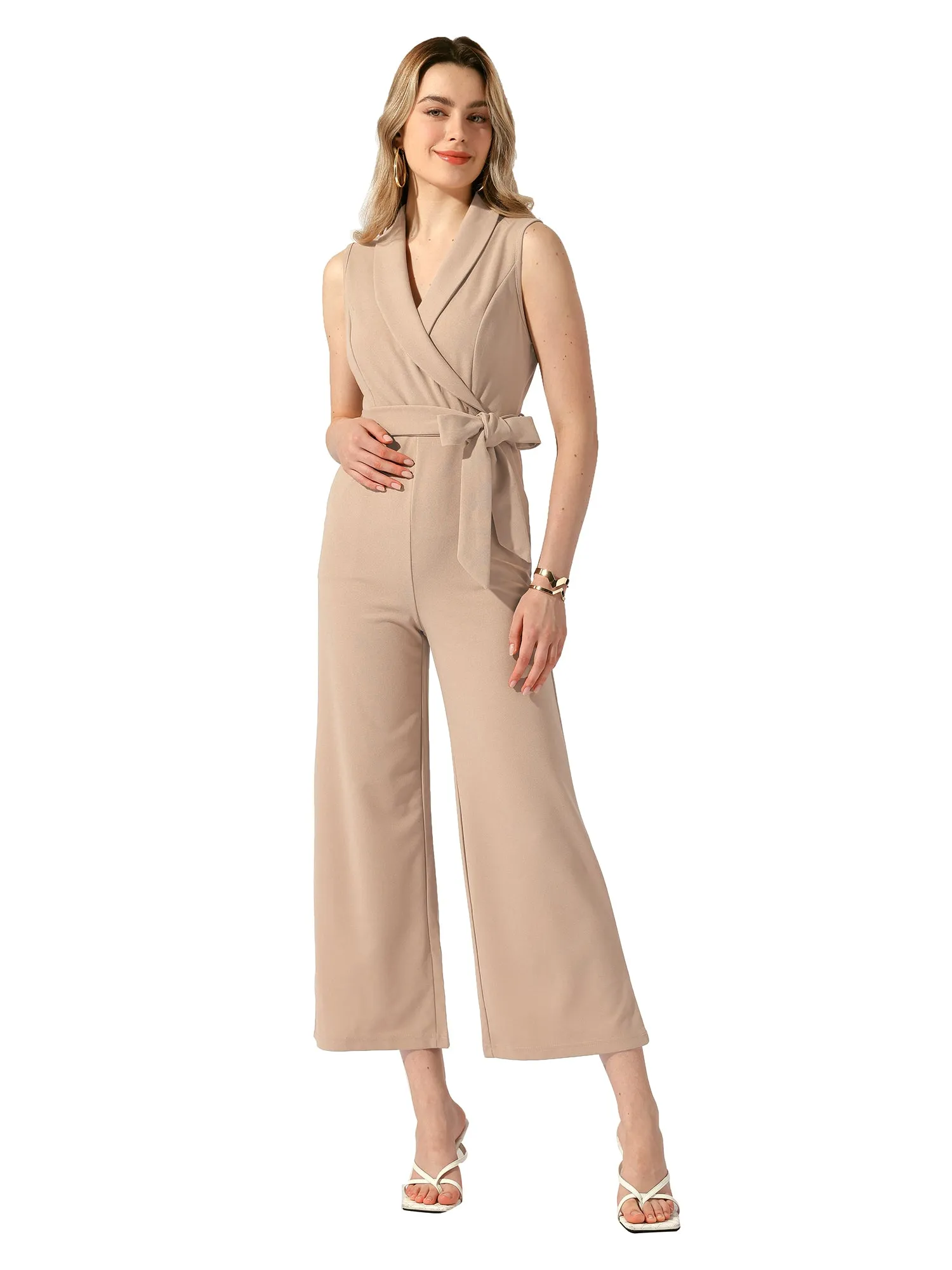 Shawl Collar Sleeveless Belted Wide Leg Office Work Jumpsuit