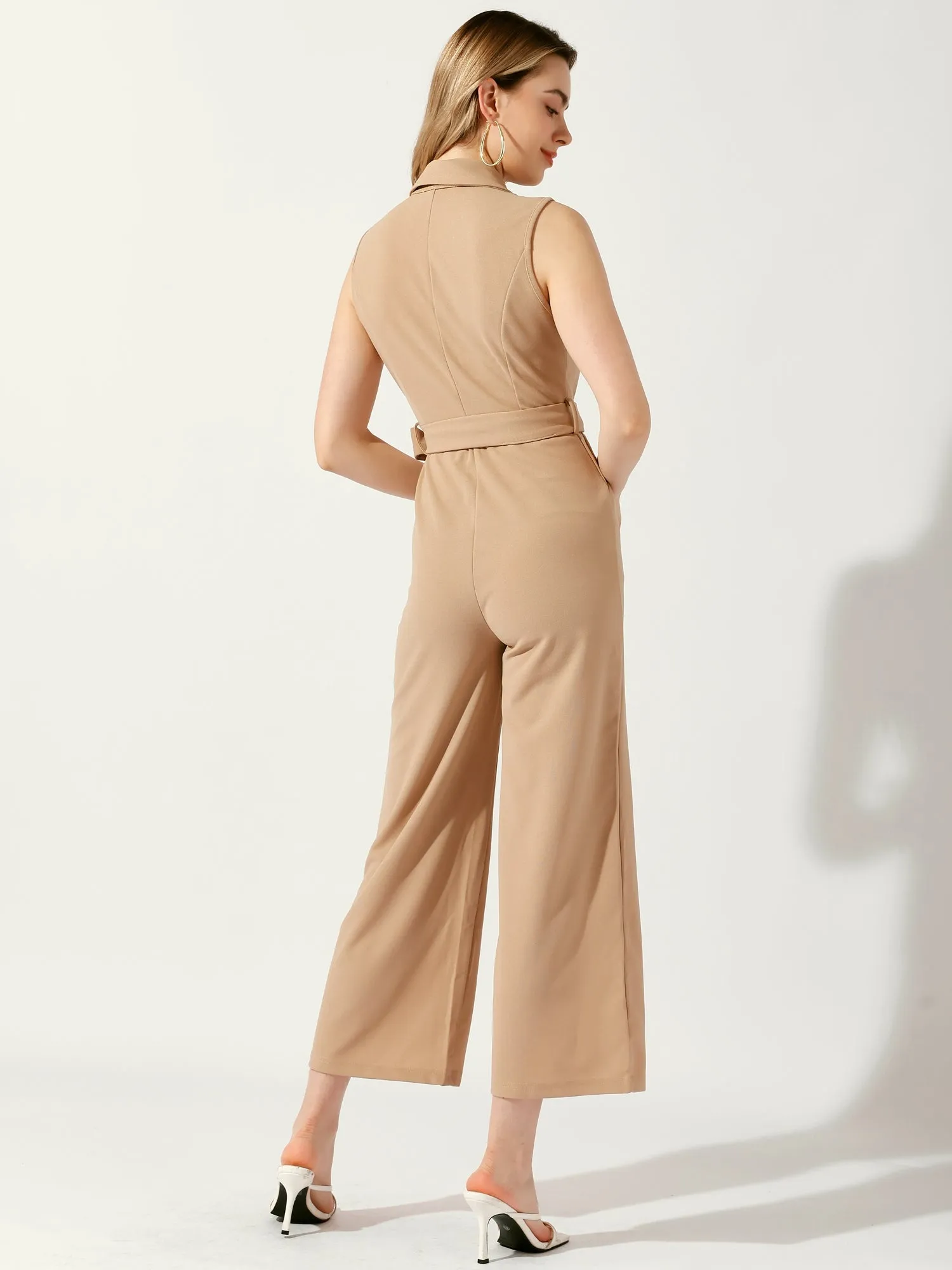 Shawl Collar Sleeveless Belted Wide Leg Office Work Jumpsuit