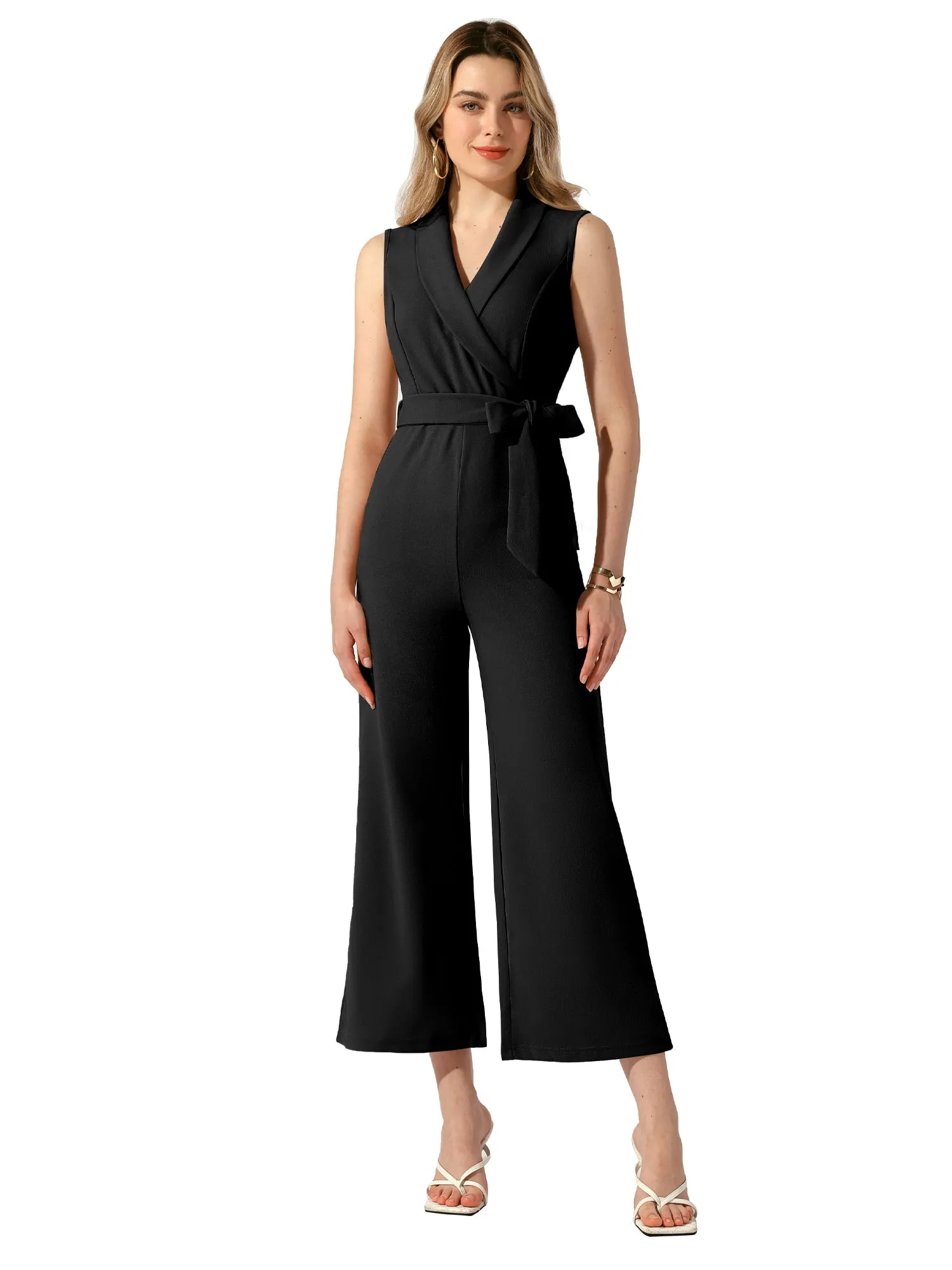 Shawl Collar Sleeveless Belted Wide Leg Office Work Jumpsuit