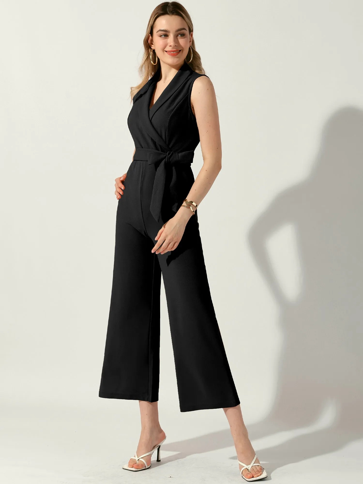 Shawl Collar Sleeveless Belted Wide Leg Office Work Jumpsuit