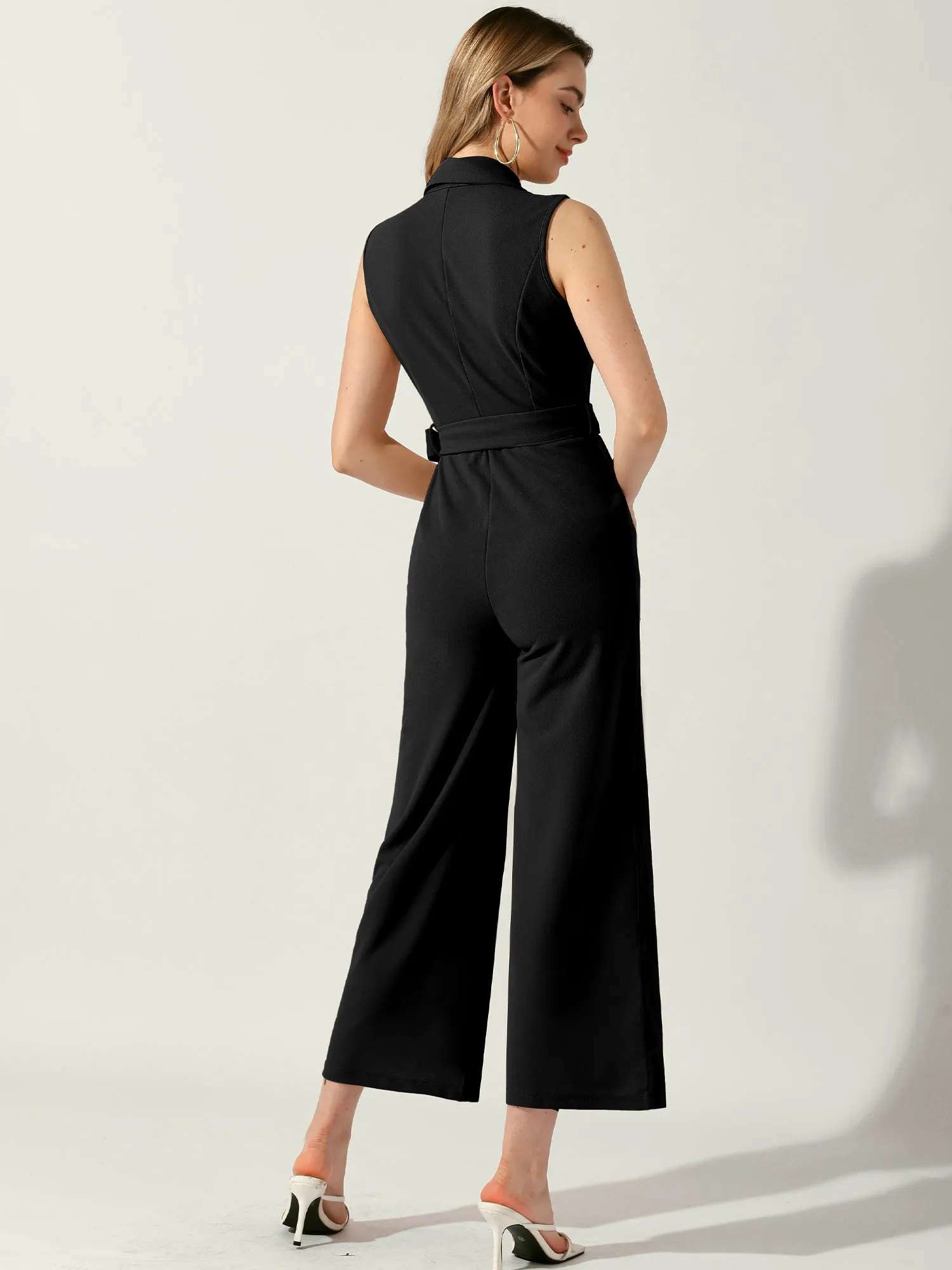 Shawl Collar Sleeveless Belted Wide Leg Office Work Jumpsuit