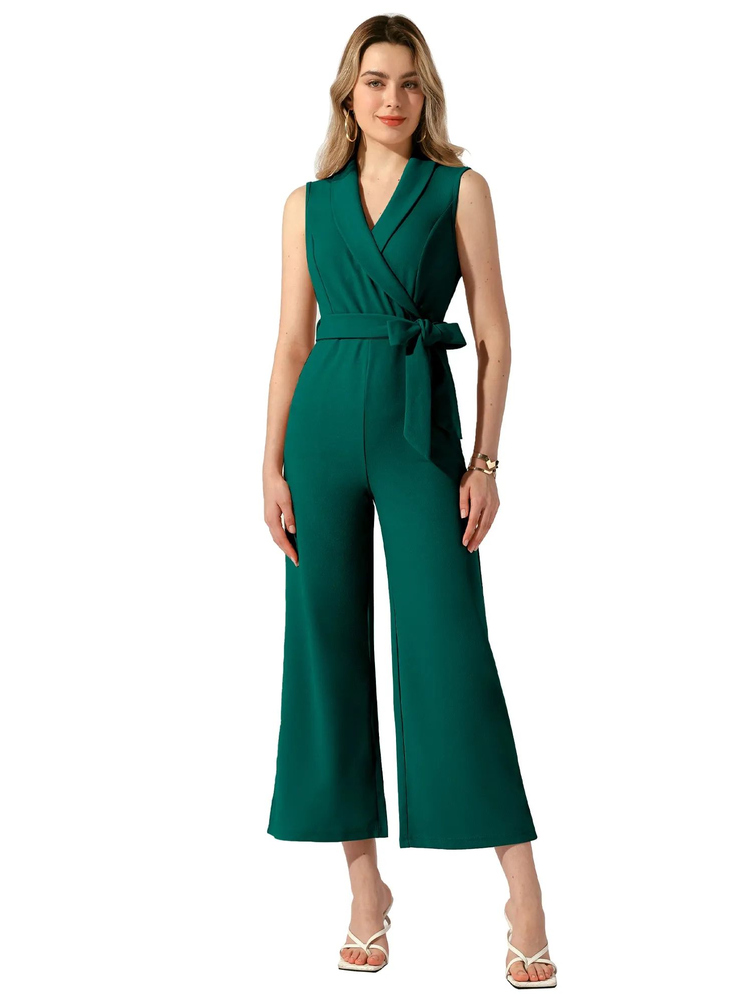 Shawl Collar Sleeveless Belted Wide Leg Office Work Jumpsuit