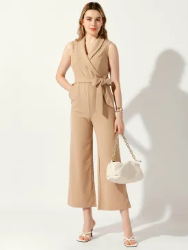 Shawl Collar Sleeveless Belted Wide Leg Office Work Jumpsuit