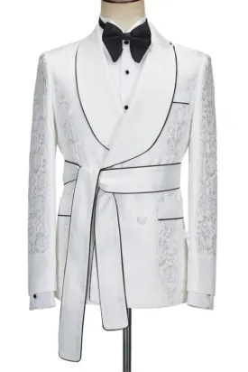 Shelton Elegant Ivory Shawl Collar Double Breasted Jacquard Groom's Suit