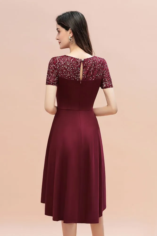 Short Sleeve Sequin Hi-Lo Cocktail Party Dress Burgundy Aline Daily Casual Dress