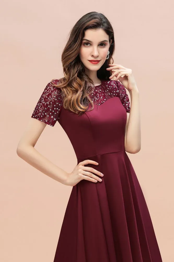 Short Sleeve Sequin Hi-Lo Cocktail Party Dress Burgundy Aline Daily Casual Dress