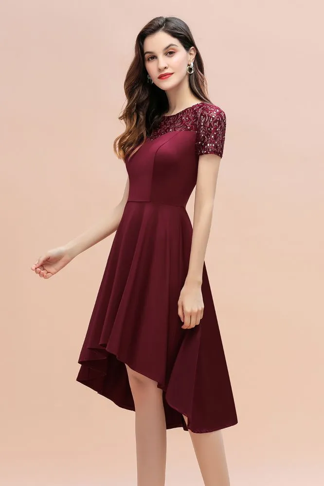 Short Sleeve Sequin Hi-Lo Cocktail Party Dress Burgundy Aline Daily Casual Dress